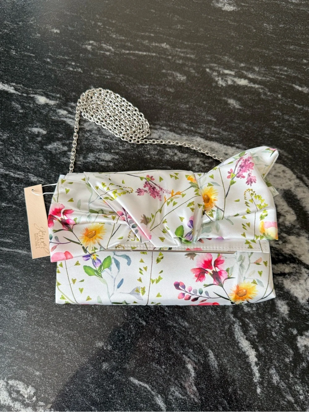 Jewel Badgley Mischa Floral Satin Bow Purse with White Background, NWT